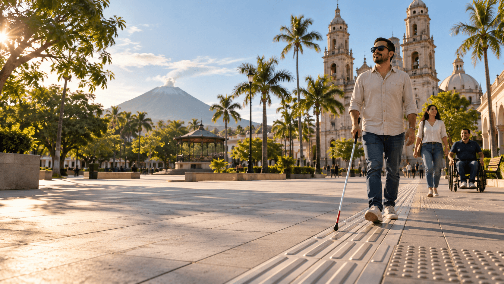 Hombre con bastón blanco cruzando una plaza con palmeras y un volcán al fondo, sobre una guía podotáctil.