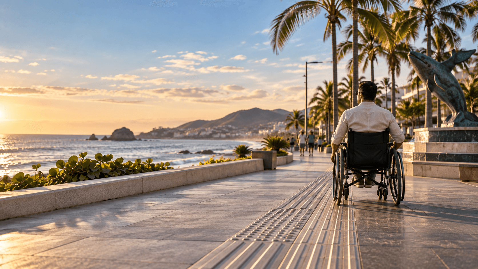 Persona en silla de ruedas recorriendo un malecón costero accesible con guía podotáctil, al atardecer.
