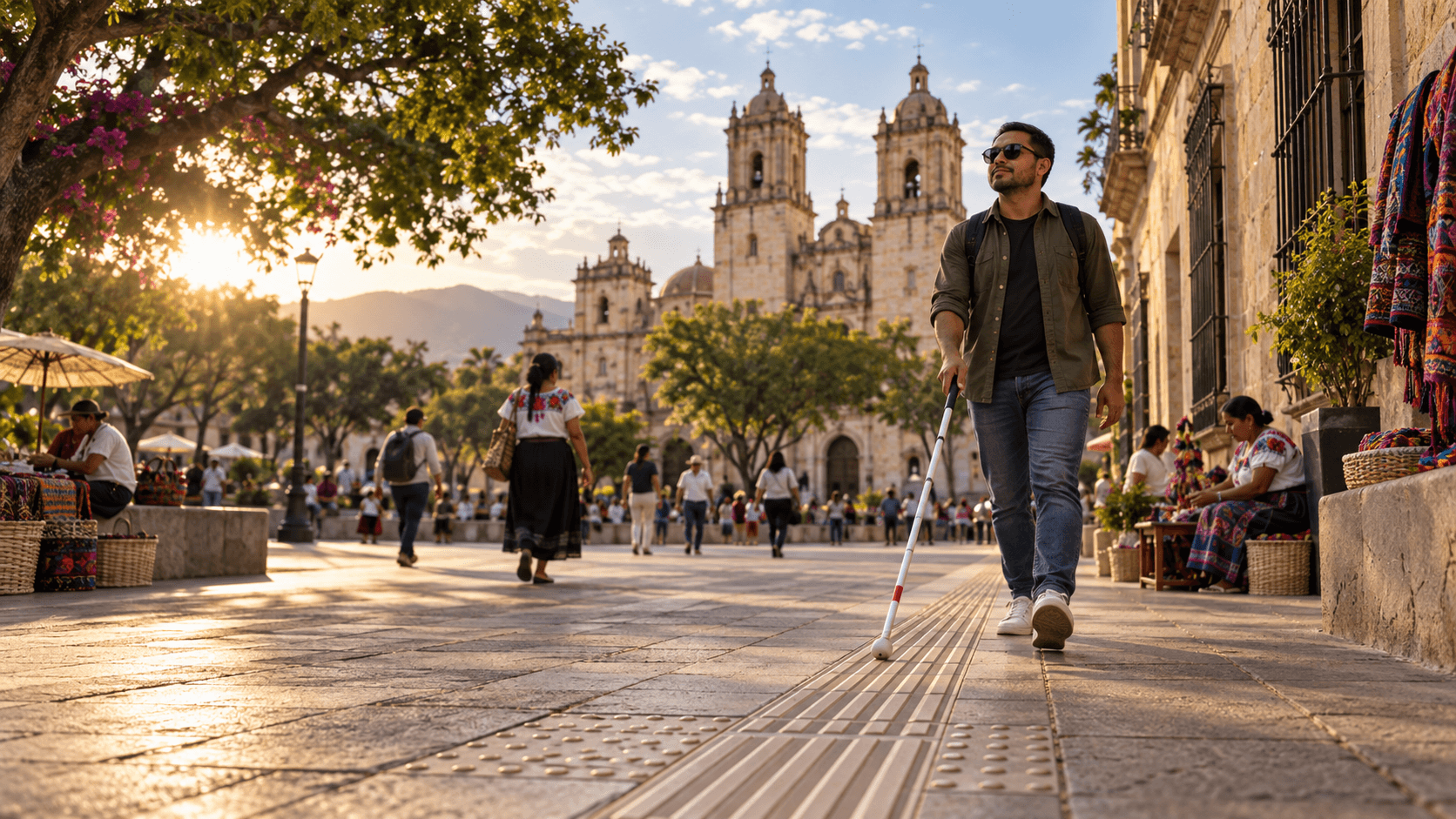 Hombre con bastón blanco caminando por un centro histórico con mercado artesanal y catedral de cantera al fondo.