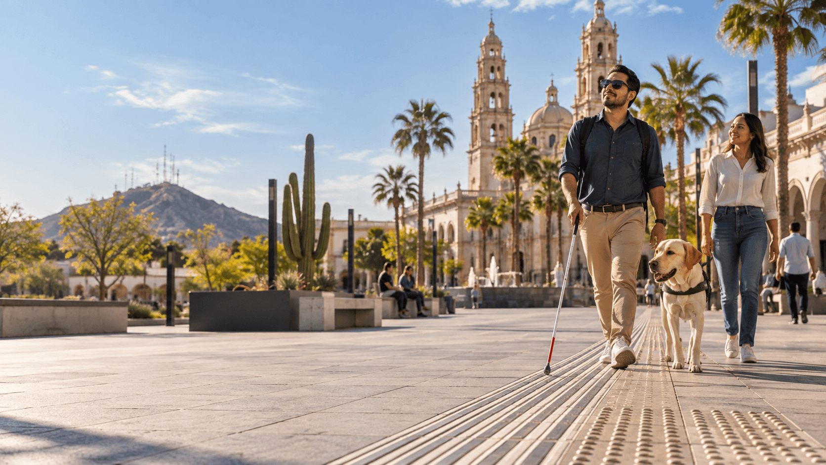 Hombre con bastón blanco y un perro guía caminando por una plaza con vegetación desértica y cerro al fondo.