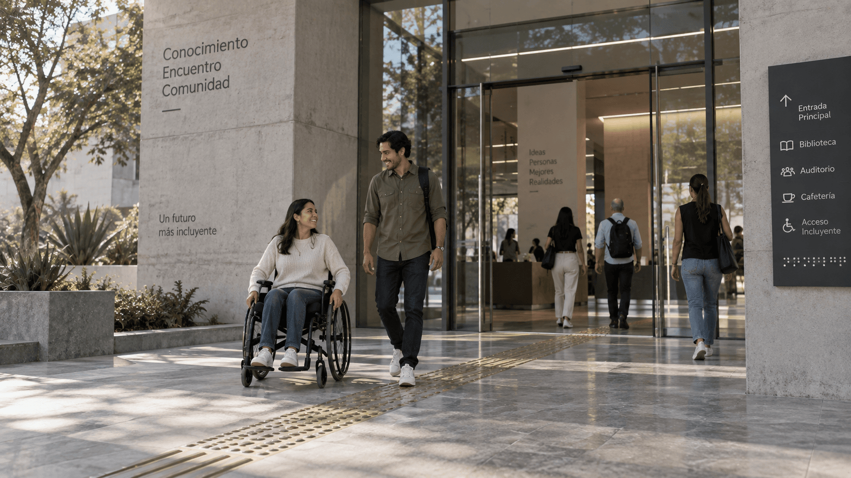 Mujer en silla de ruedas y un acompañante llegando a la entrada de un edificio institucional sobre una guía podotáctil, con señalización de acceso incluyente.