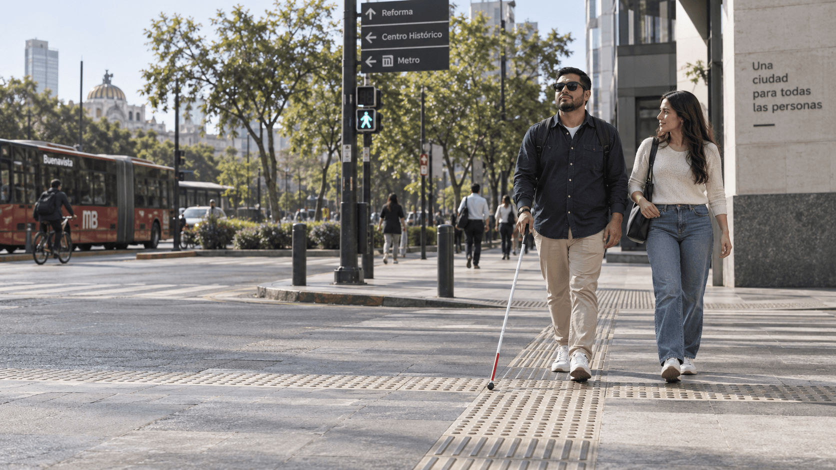 Hombre con bastón blanco y una acompañante caminando sobre una guía podotáctil de concreto en una banqueta urbana, con señalización peatonal y edificios al fondo.