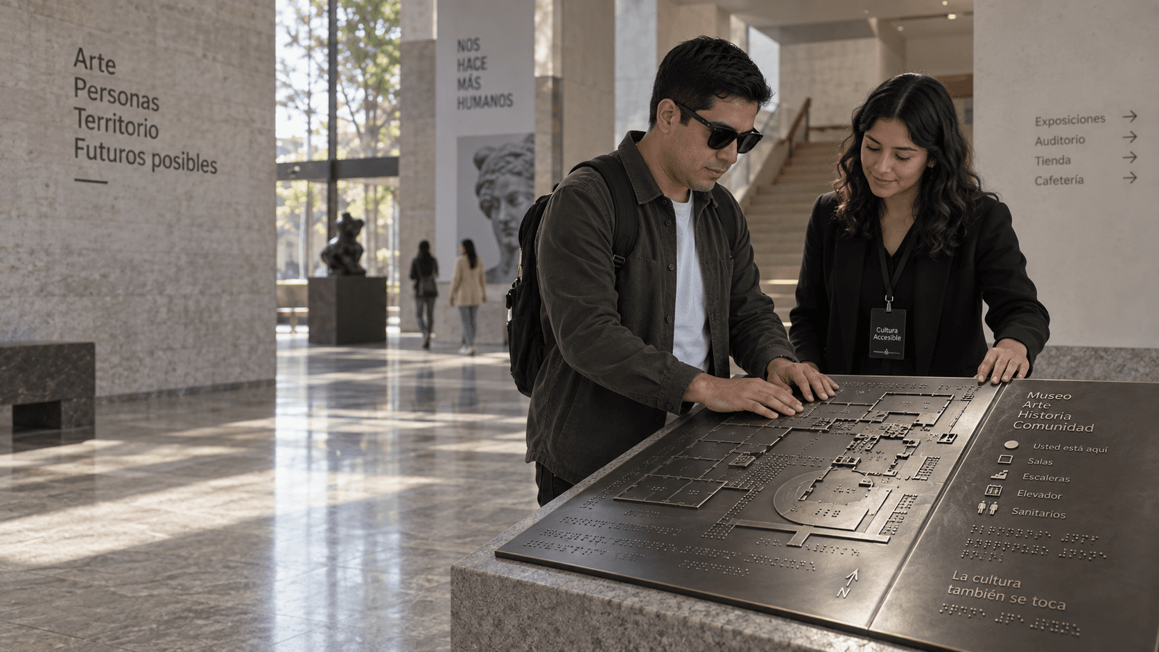 Una persona con discapacidad visual explora con las manos un mapa háptico de bronce junto a una guía del recinto, en el vestíbulo de un espacio cultural con señalización Braille.