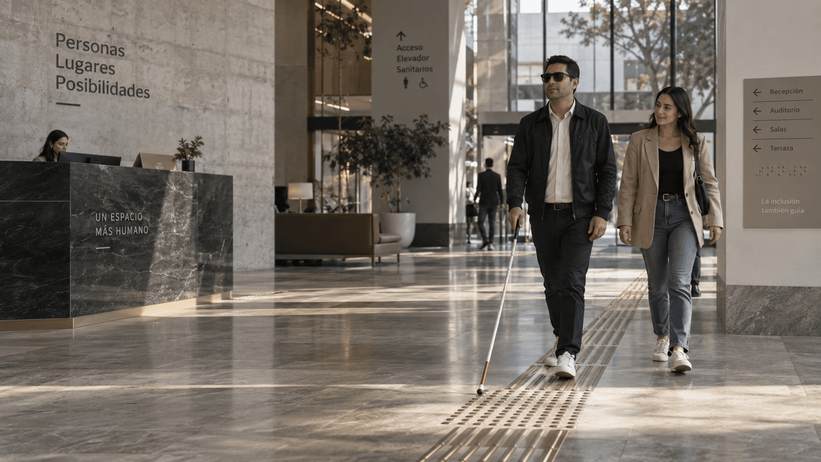Hombre con bastón blanco y una acompañante caminando sobre una guía podotáctil en el vestíbulo de un edificio corporativo, con señalización direccional y Braille en la recepción.