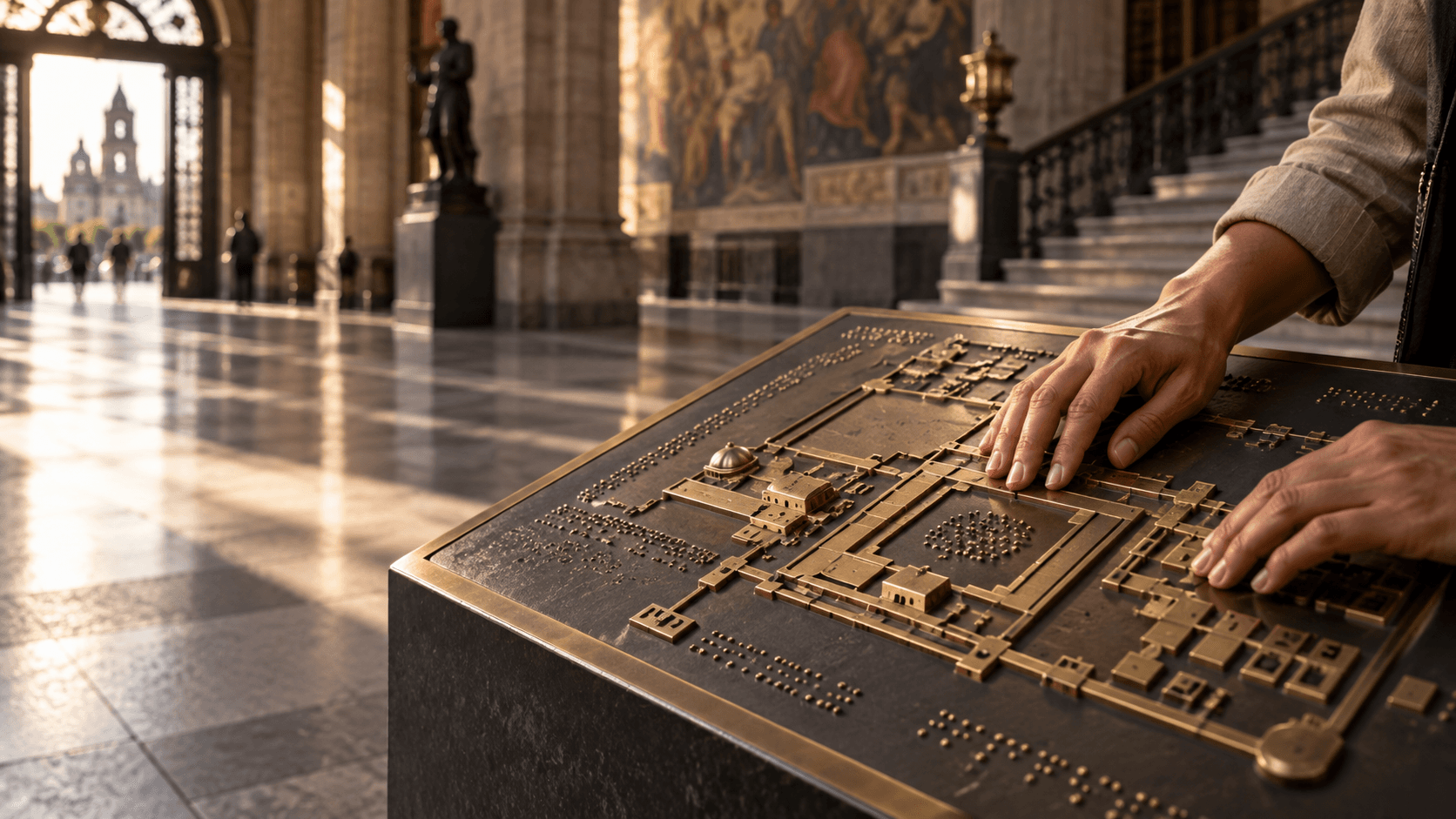 Manos explorando un mapa háptico en relieve dentro del vestíbulo de un edificio histórico (imagen ilustrativa).