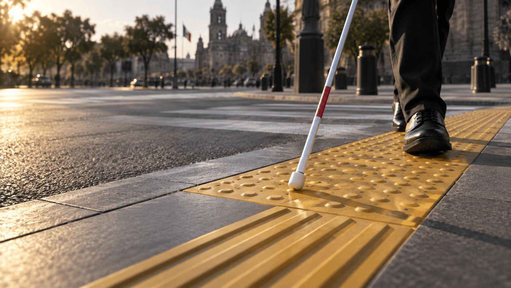 Bastón blanco sobre guía podotáctil amarilla en un cruce peatonal urbano (imagen ilustrativa)