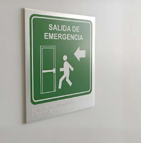 Placa Braille de catálogo SALIDA DE EMERGENCIA en panel de aluminio, acabado mate