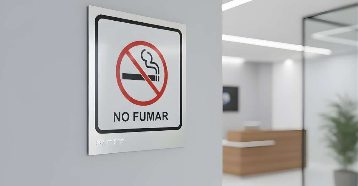 Placa Braille NO FUMAR en PVC con panel de aluminio, acabado mate, montada en muro.
