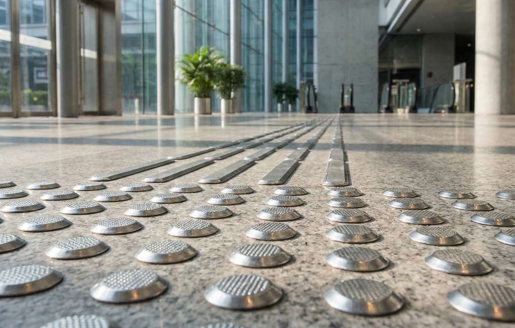Guía podotáctil en vestíbulo corporativo de acceso