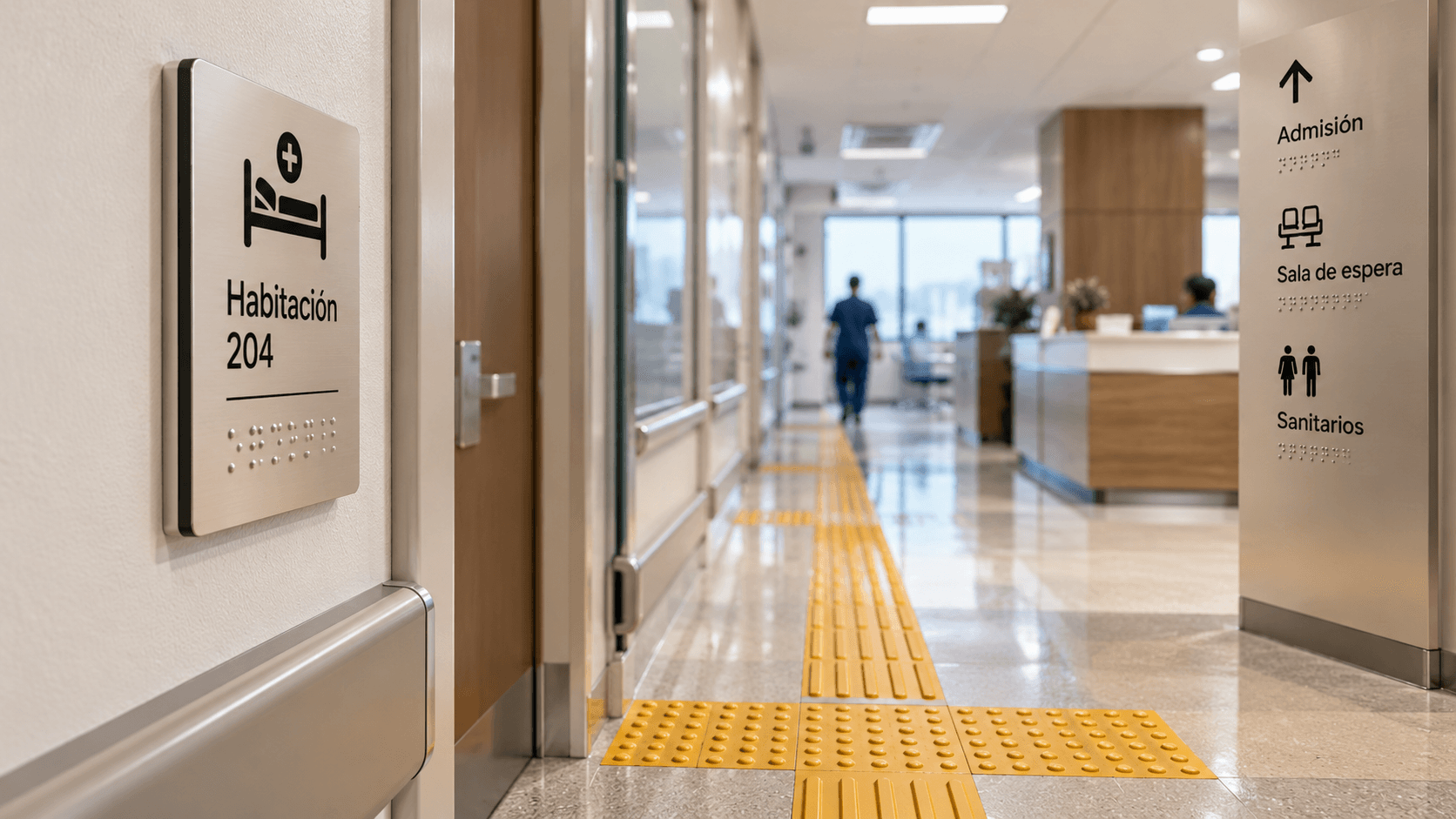 Referencia visual de corredor hospitalario con sistema de orientación accesible