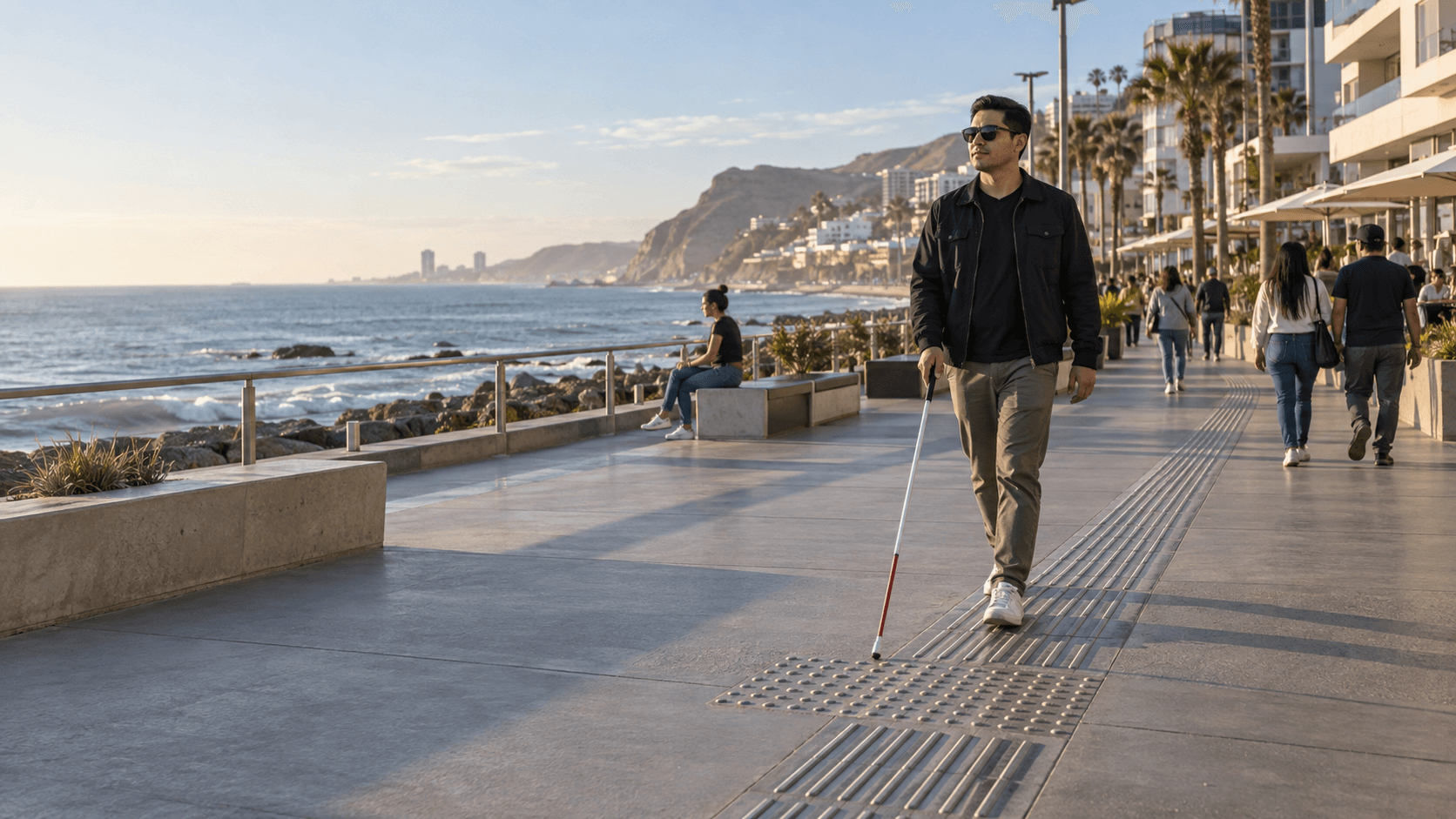 Hombre con bastón blanco caminando por un malecón costero moderno frente al océano Pacífico.