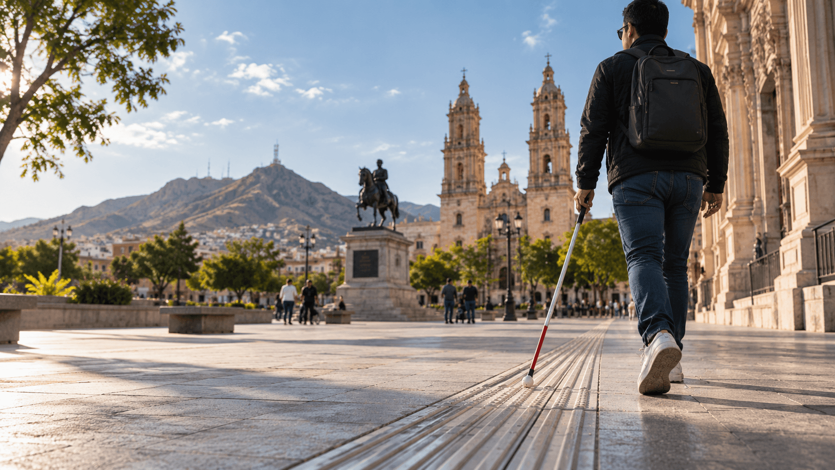 Hombre con bastón blanco caminando hacia una plaza con monumento ecuestre y catedral, rodeada de montañas.