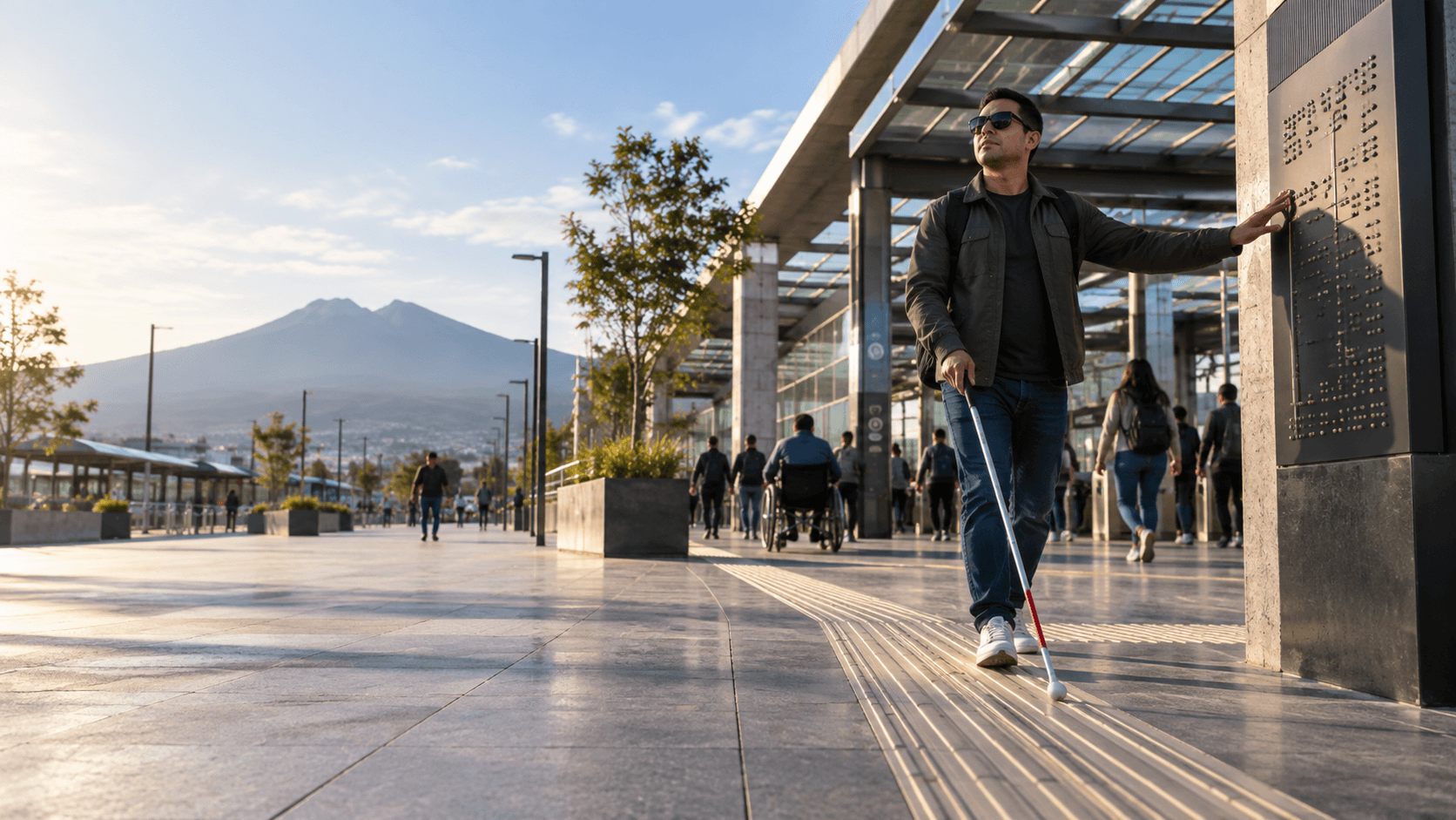 Hombre con bastón blanco explorando una placa Braille en una estación de movilidad moderna, con montañas al fondo.