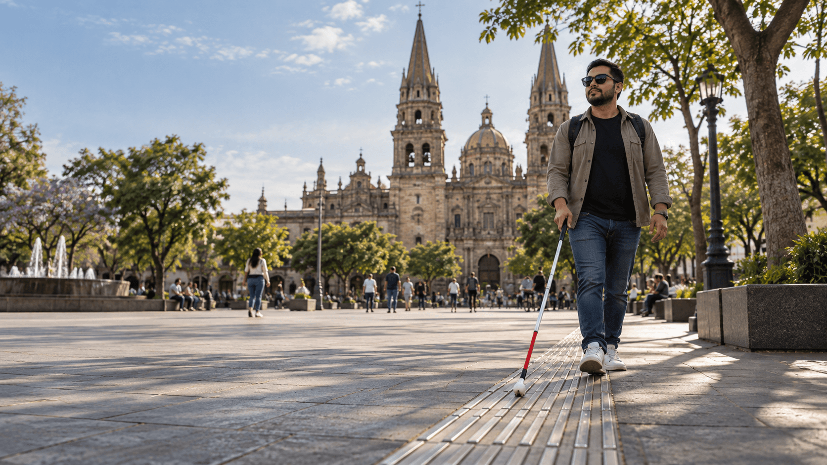 Hombre con bastón blanco caminando sobre una guía podotáctil en una plaza histórica, con una catedral de cantera al fondo.