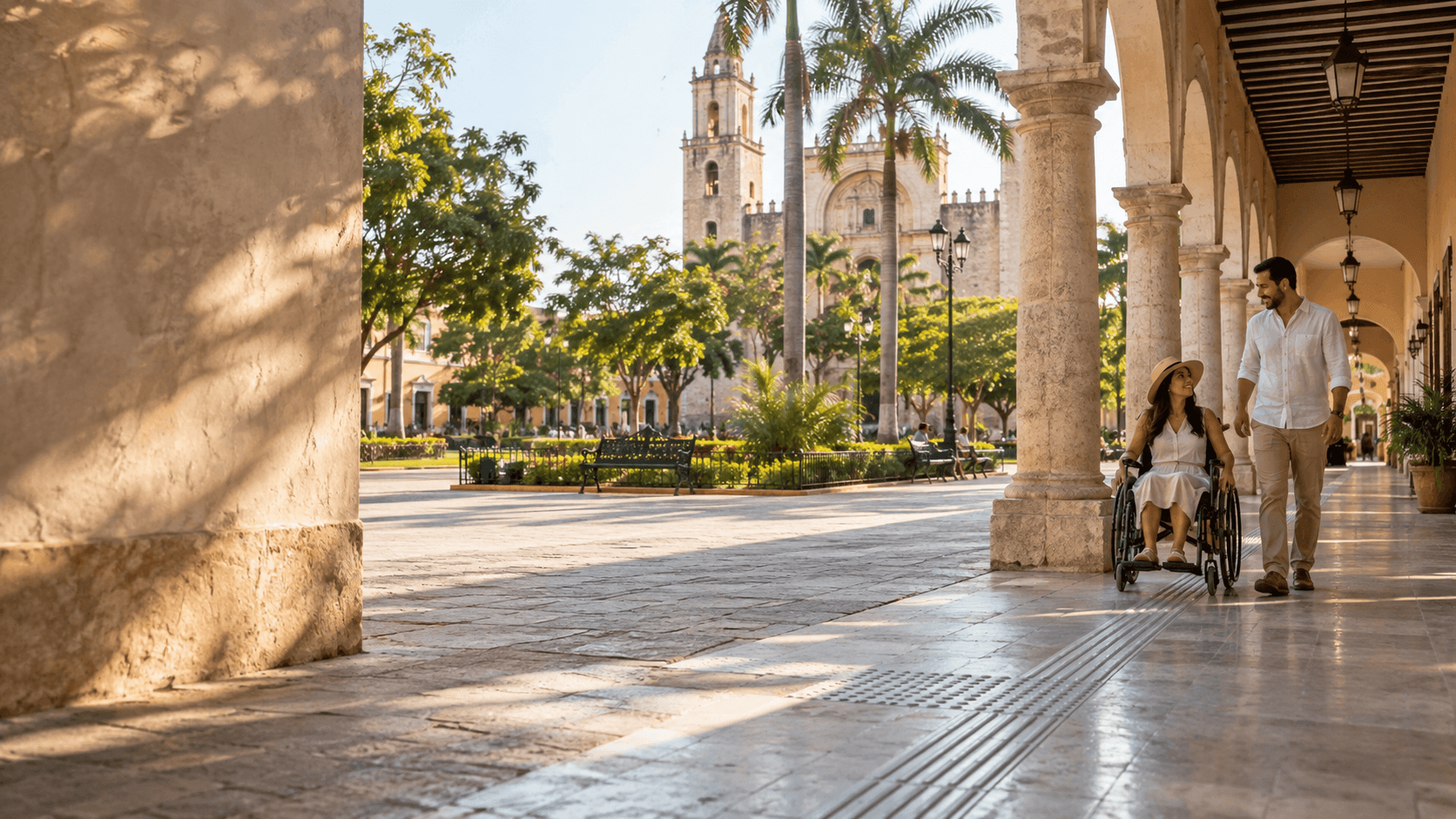 Mujer en silla de ruedas y un acompañante caminando bajo un corredor de columnas junto a una plaza colonial.