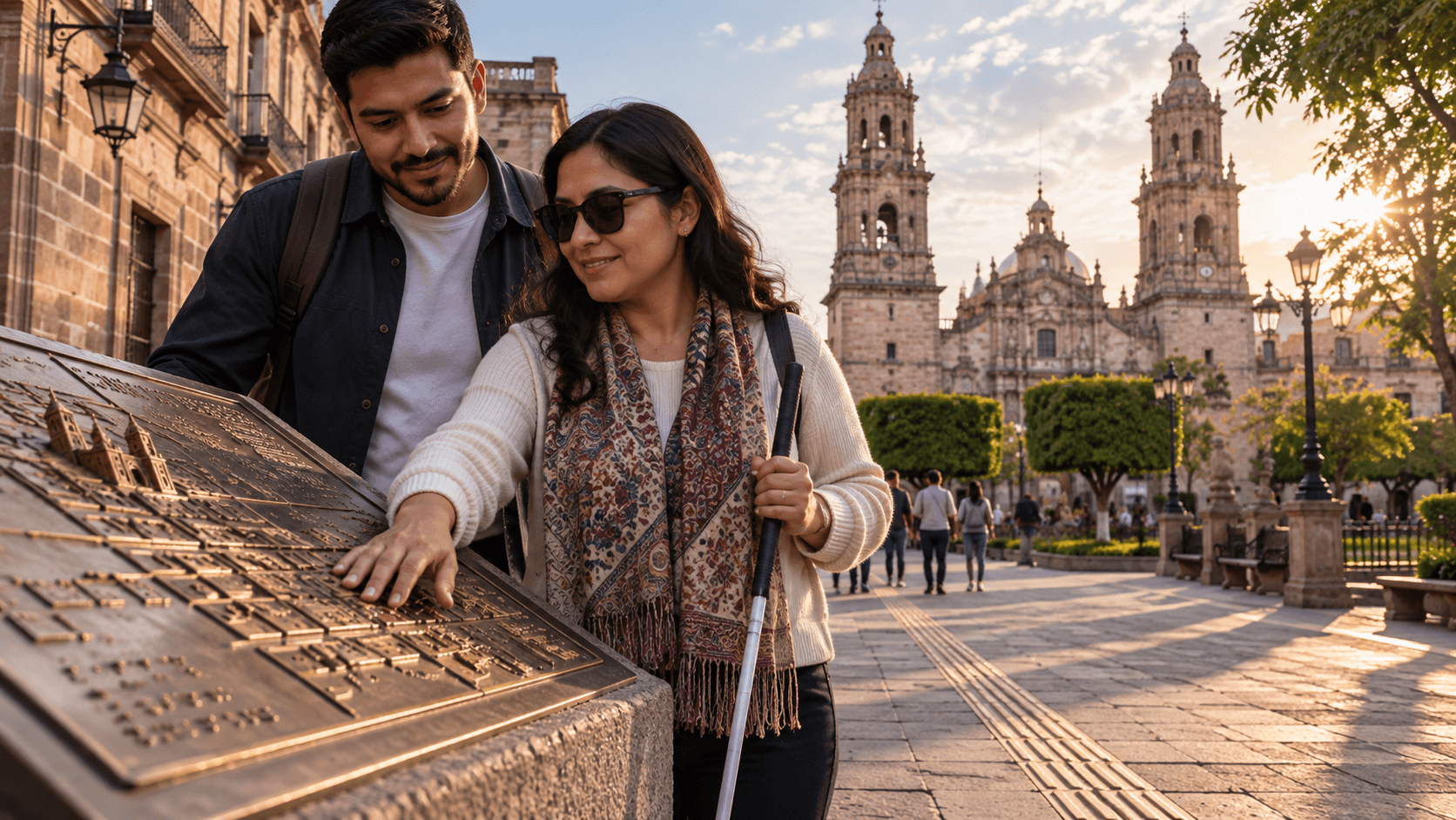 Pareja leyendo un mapa táctil en bronce en una plaza histórica, con una catedral de cantera rosa al fondo.