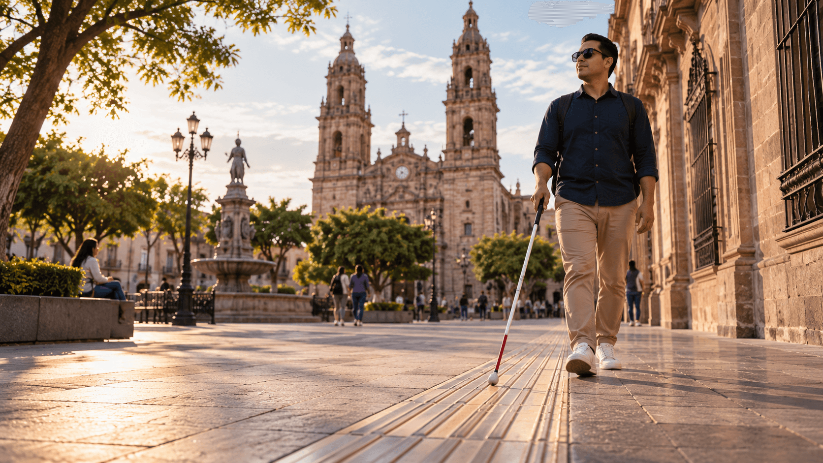 Hombre con bastón blanco caminando por una plaza mayor con fuente y catedral de cantera al fondo.