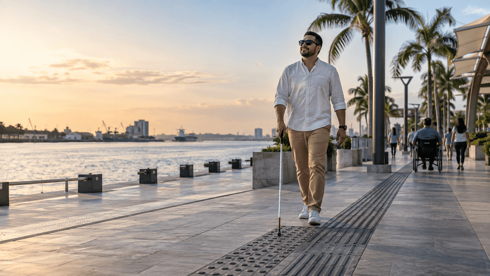 Hombre con bastón blanco caminando por un malecón portuario, con grúas y barcos de carga al fondo.