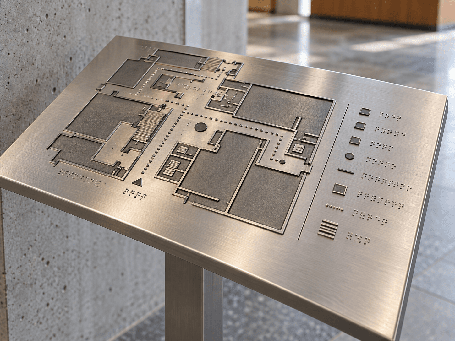 Referencia visual de mapa háptico metálico con relieve y Braille